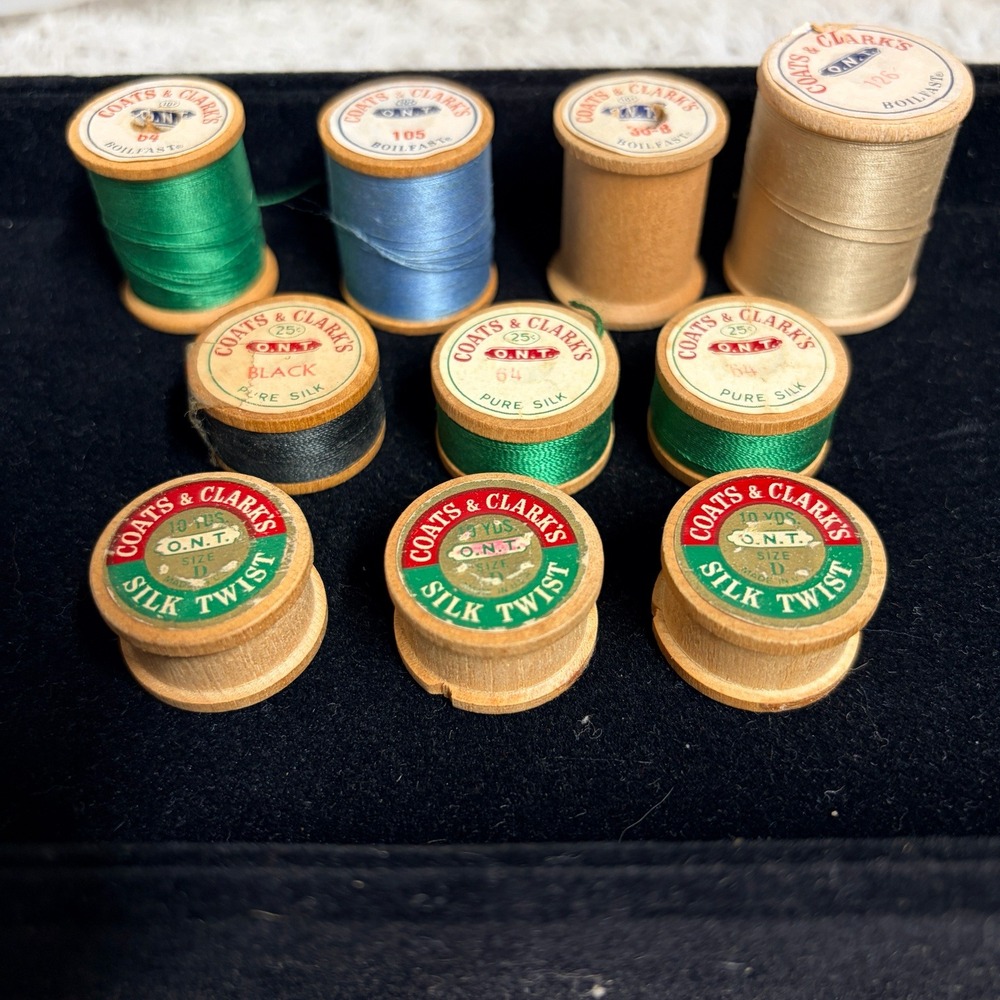 Vintage Coats & Clarks ONT Wooden Spools Silk Twist Boilfast Thread Lot of 10